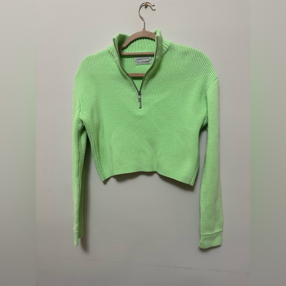 Urban Outfitters Half Zip Ribbed Knit Sweater XS | Lime Green Cropped